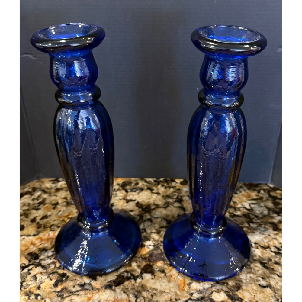 Candlestick Holders Cobalt Blue Glass Ribbed Taper Pair 9 Inch Home Decor Boho